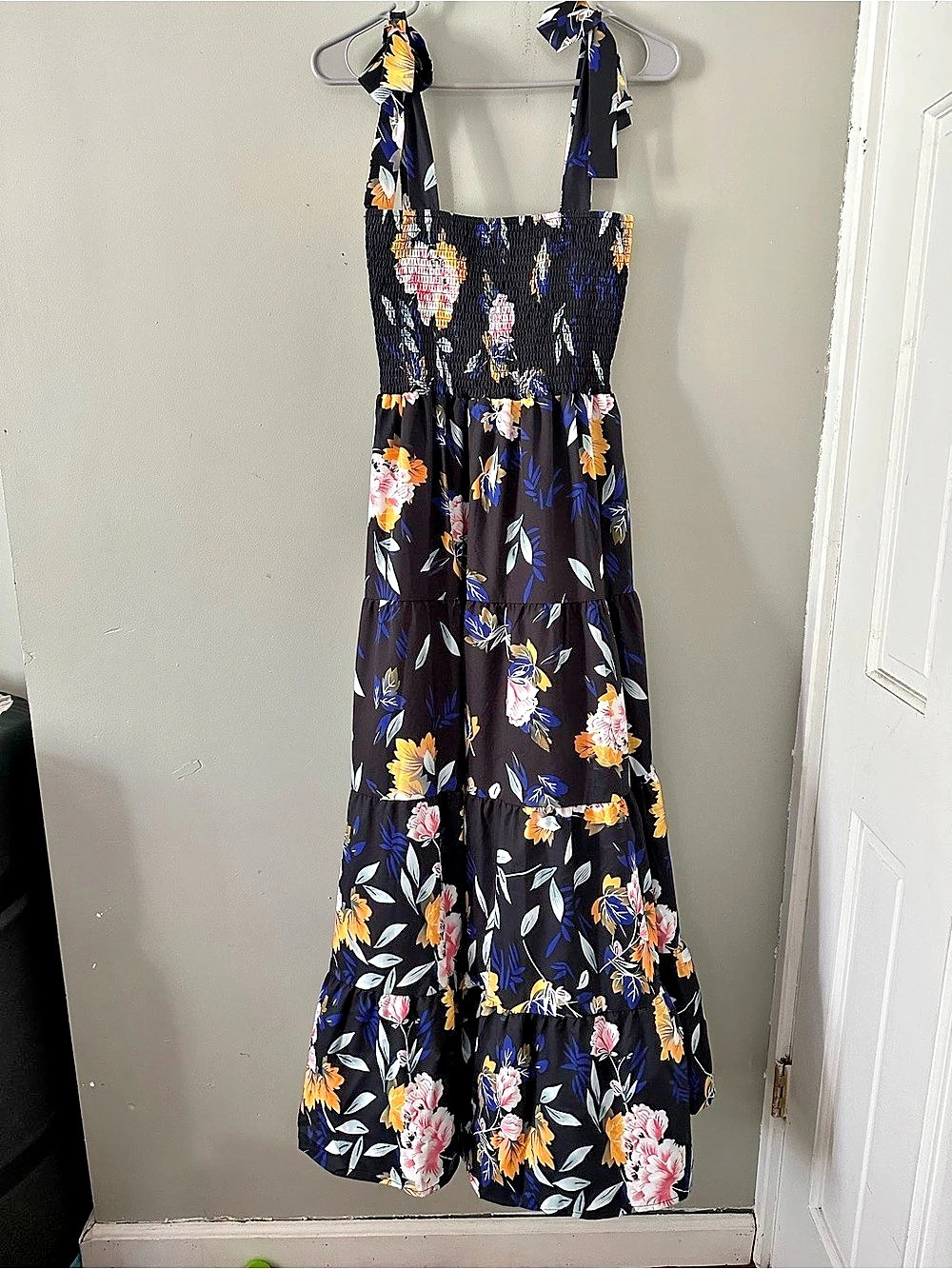 Amazon Navy Floral Shoulder Tie Tiered Maxi Dress Like New